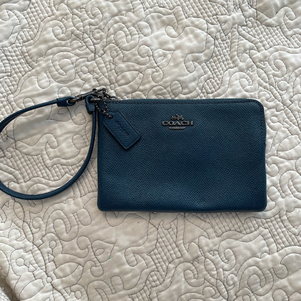 Coach blue/teal Pebble leather Wristlet with black metal hardware